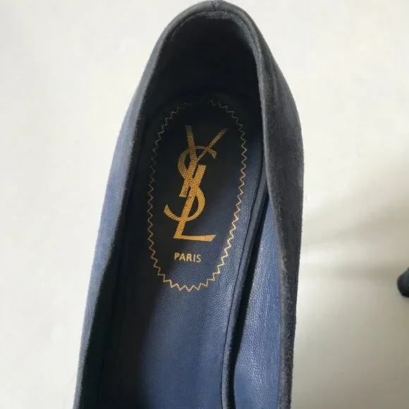 YSL Palais Platform Heels Pumps Womens 37.5 7.5 Blue Suede Yves Saint Laurent - Picture 4 of 7
